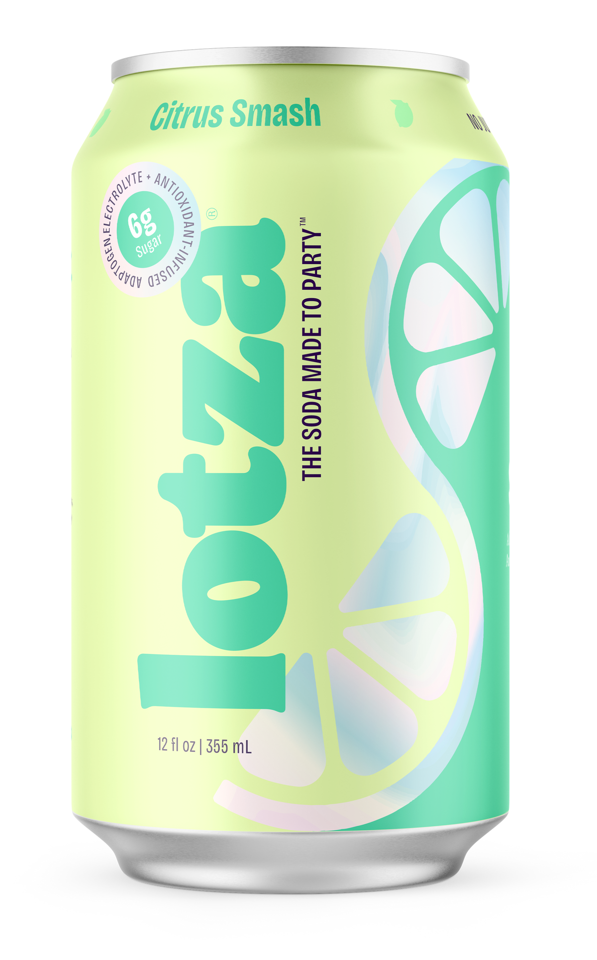 Lime green can of Lotza Citrus Smash soda with lemon slice design on a white background